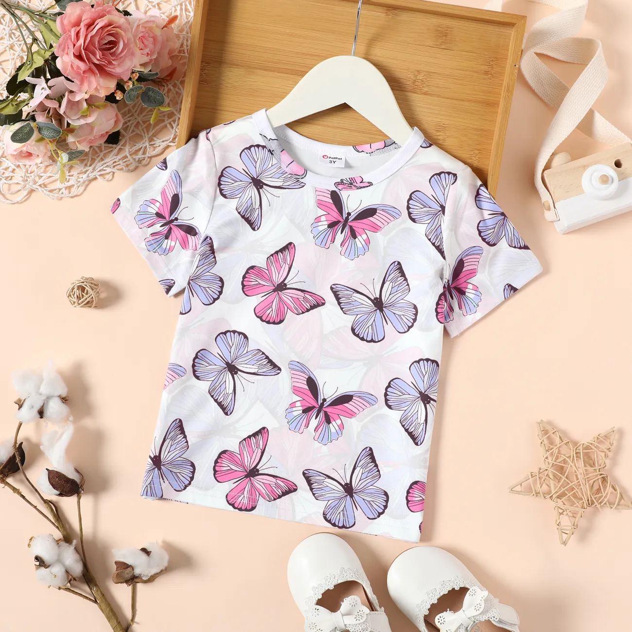 Toddler Girl Butterfly Embroidered/Print Short-sleeve Tee Light Purple big image 1