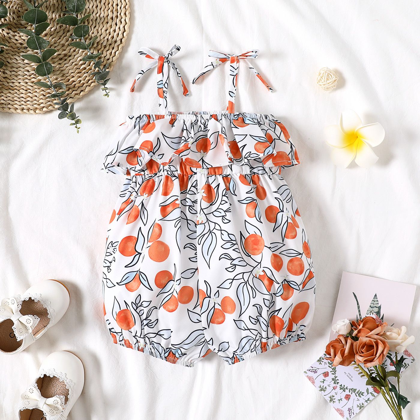 

Baby Girl Allover Fruit Print/Solid 100% Cotton Sleeveless Spaghetti Strap Ruffle Romper