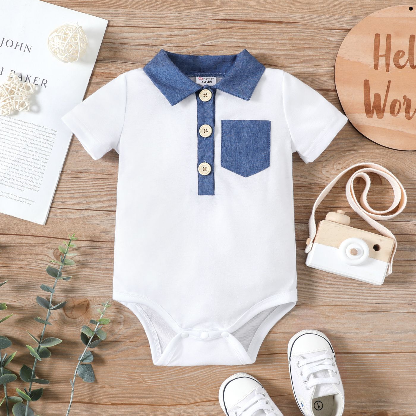 

Baby Boy White/Blue Striped Contrast Collar Short-sleeve Romper