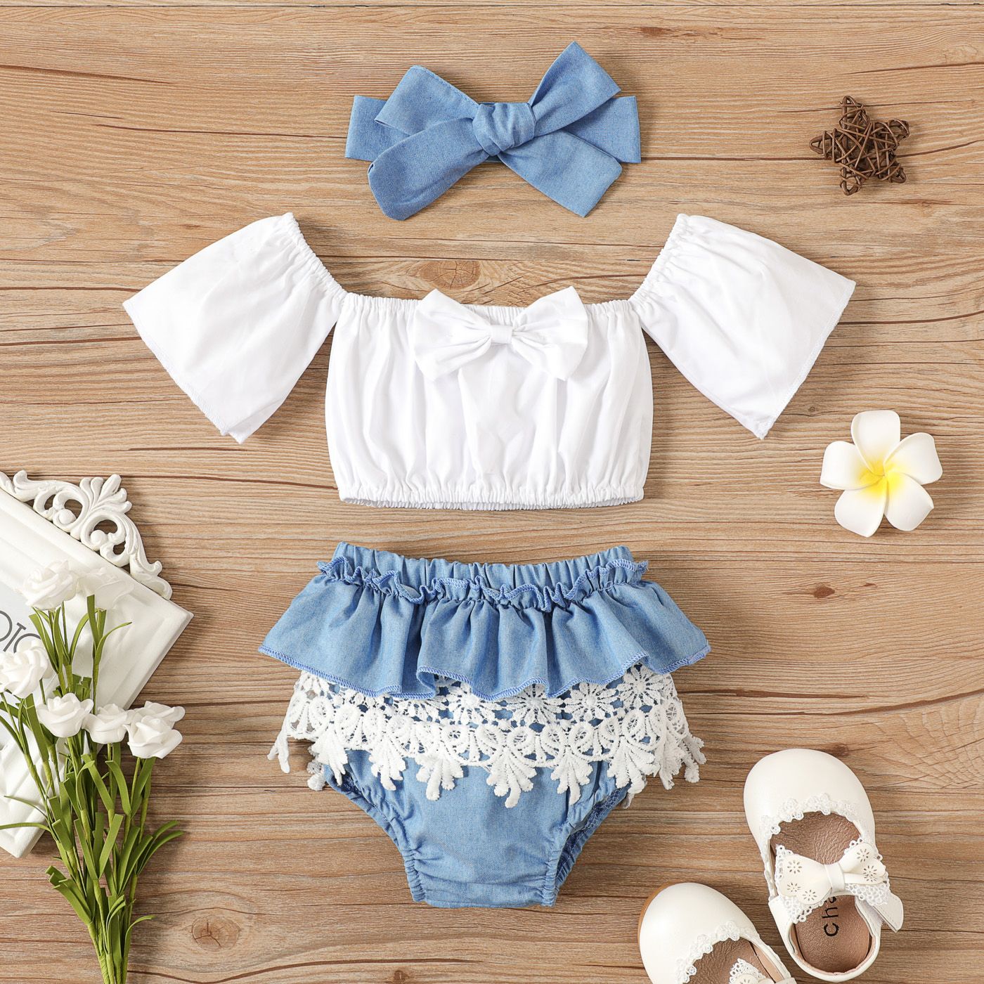 

100% Cotton 3pcs Baby Girl Off Shoulder Short-sleeve Bowknot Crop Top and Layered Lace Shorts with Headband Set