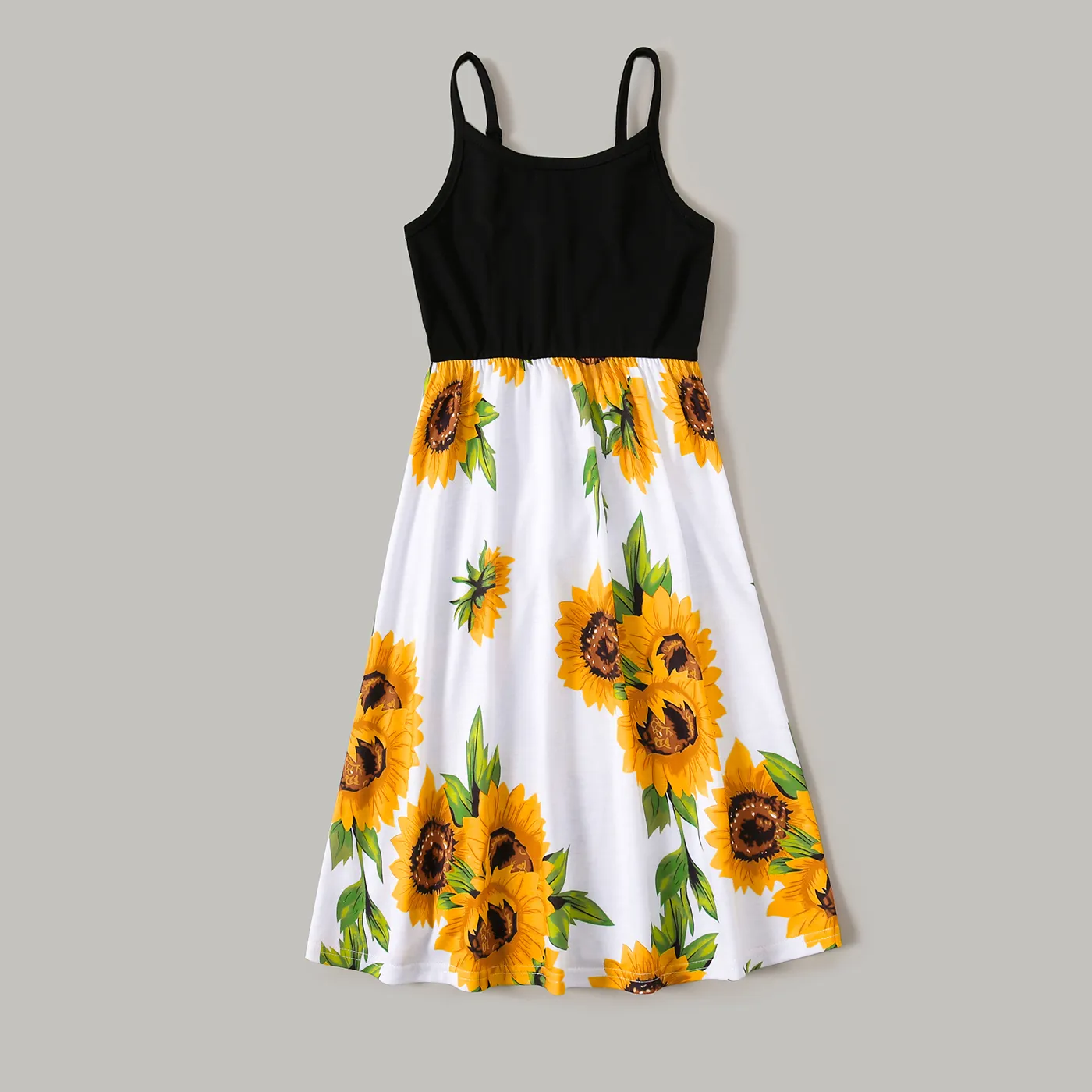 Family Matching Solid Spaghetti Strap Splicing Sunflower Floral Print Dresses And Short-sleeve T-shirts Sets