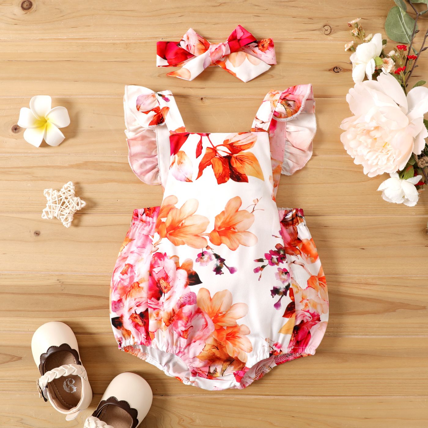 

2pcs Baby Girl Allover Floral Print Sleeveless Ruffle Romper with Headband Set