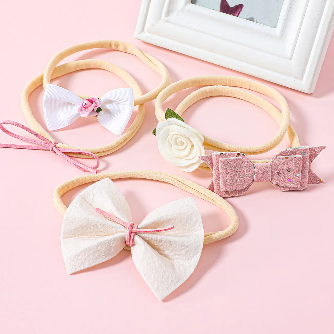 Paquete de 5 diademas con decoración de lazo floral, accesorios para el cabello para niñas (cantidad aleatoria de purpurina de estrella) Beige big image 1