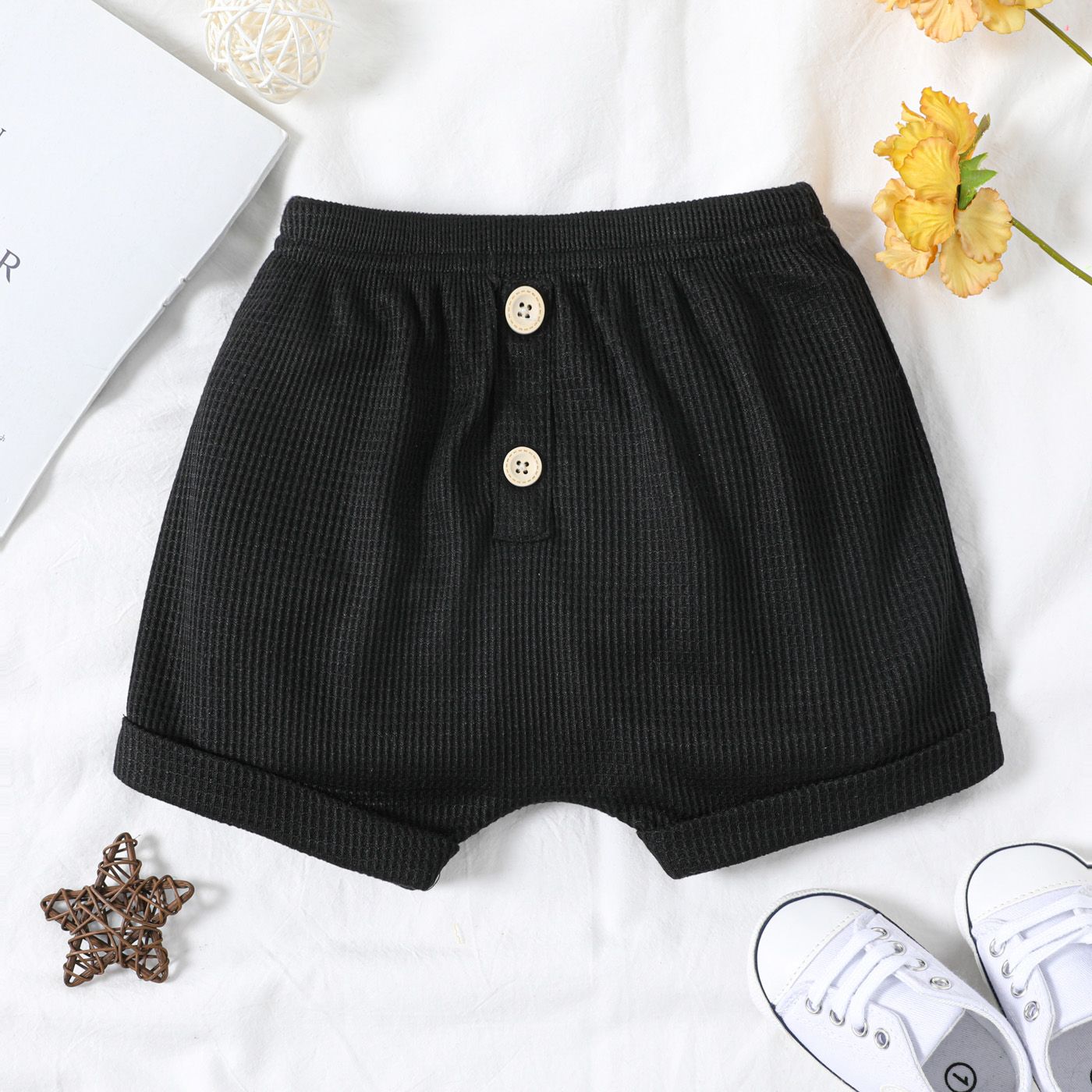 

Baby Boy Button Design Solid Waffle Textured Shorts