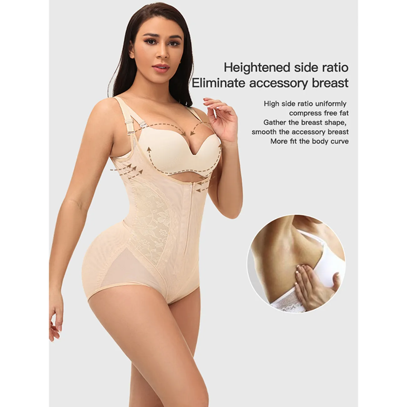 Women Mesh Panel Invisible Zipper Butt Lifter Tummy Control Shapewear Open Bust Bodysuit (Without chest pad) Apricot big image 1