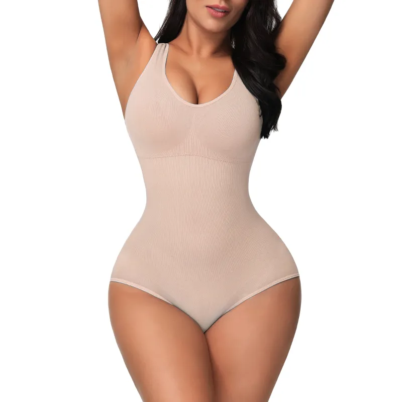 Body feminino regata elástico de cor sólida cintura alta modelador de controle de barriga body sem costura levantador de bumbum (sem almofada no peito) Cor de Damasco big image 1