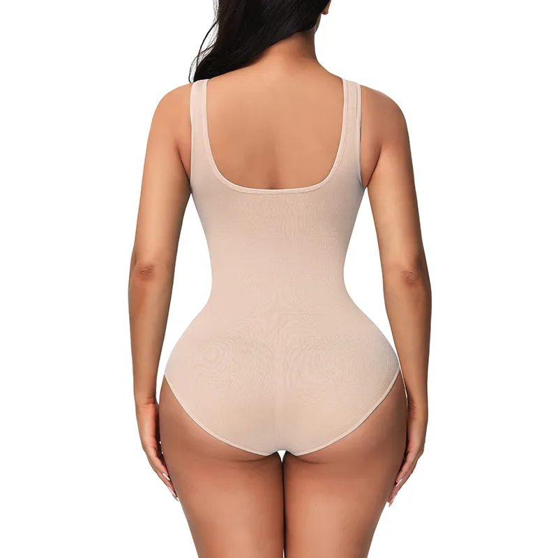 Frauen einfarbiger dehnbarer Tank-Body High-Rise Bauchkontrolle Shapewear nahtloser Body Po-Lifter (ohne Brustpolster) Aprikose big image 1