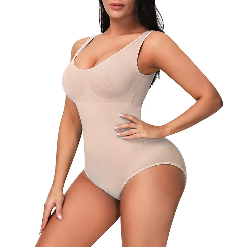 Women Solid Color Stretchy Tank Bodysuit High-Rise Tummy Control