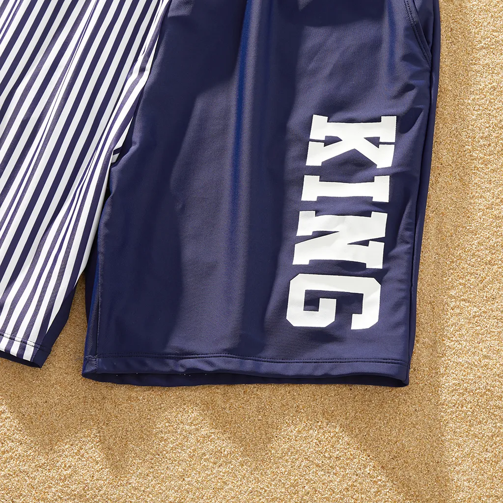 Family Matching Letter Print Splicing Striped Swim Trunks Shorts and Ruffle One-Piece Swimsuit Azure- big image 1