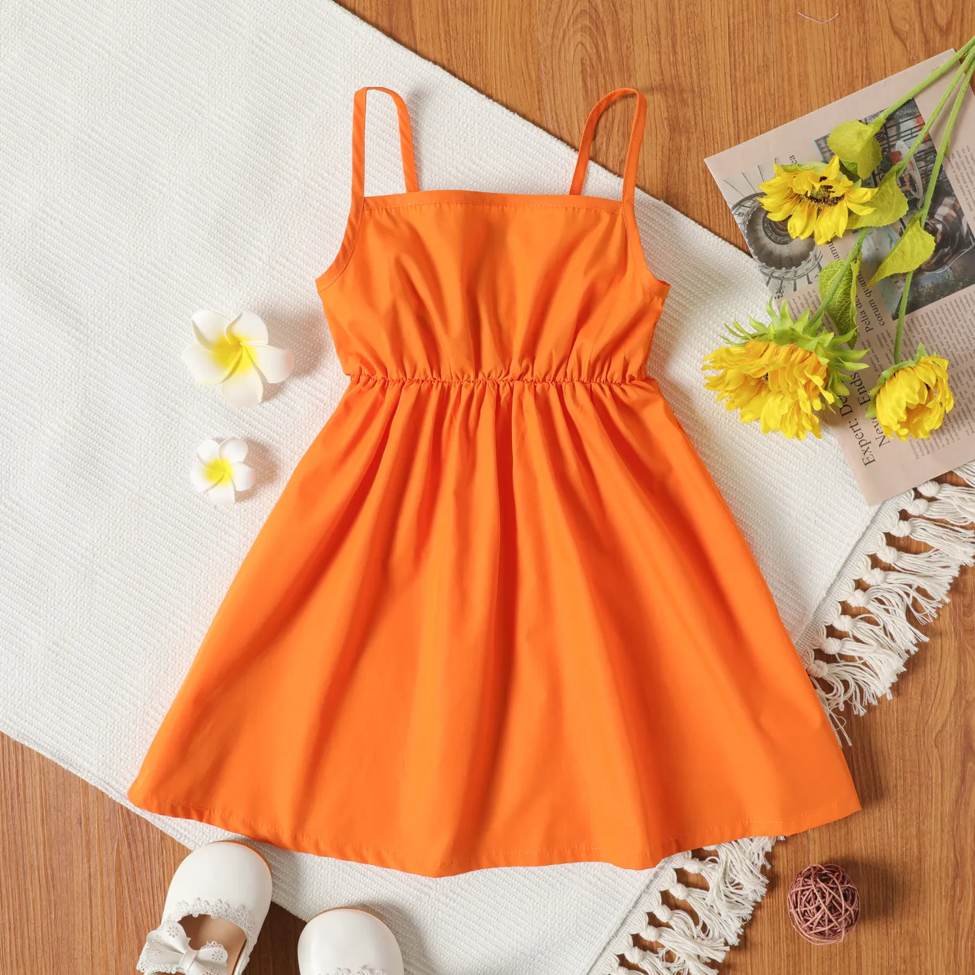 Toddler Girl Bowknot Design Orange/ Floral Print Cami Dress Orange