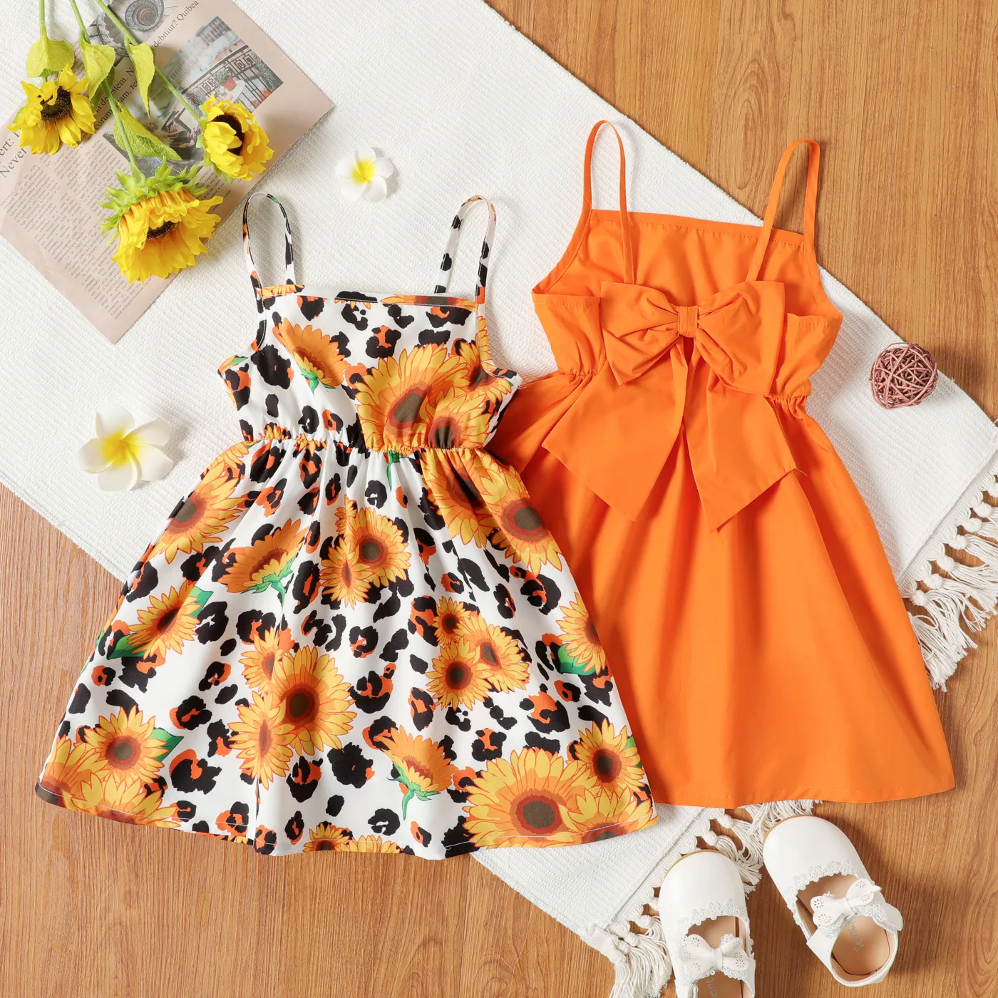Toddler Girl Bowknot Design Orange/ Floral Print Cami Dress Multi-color image 2