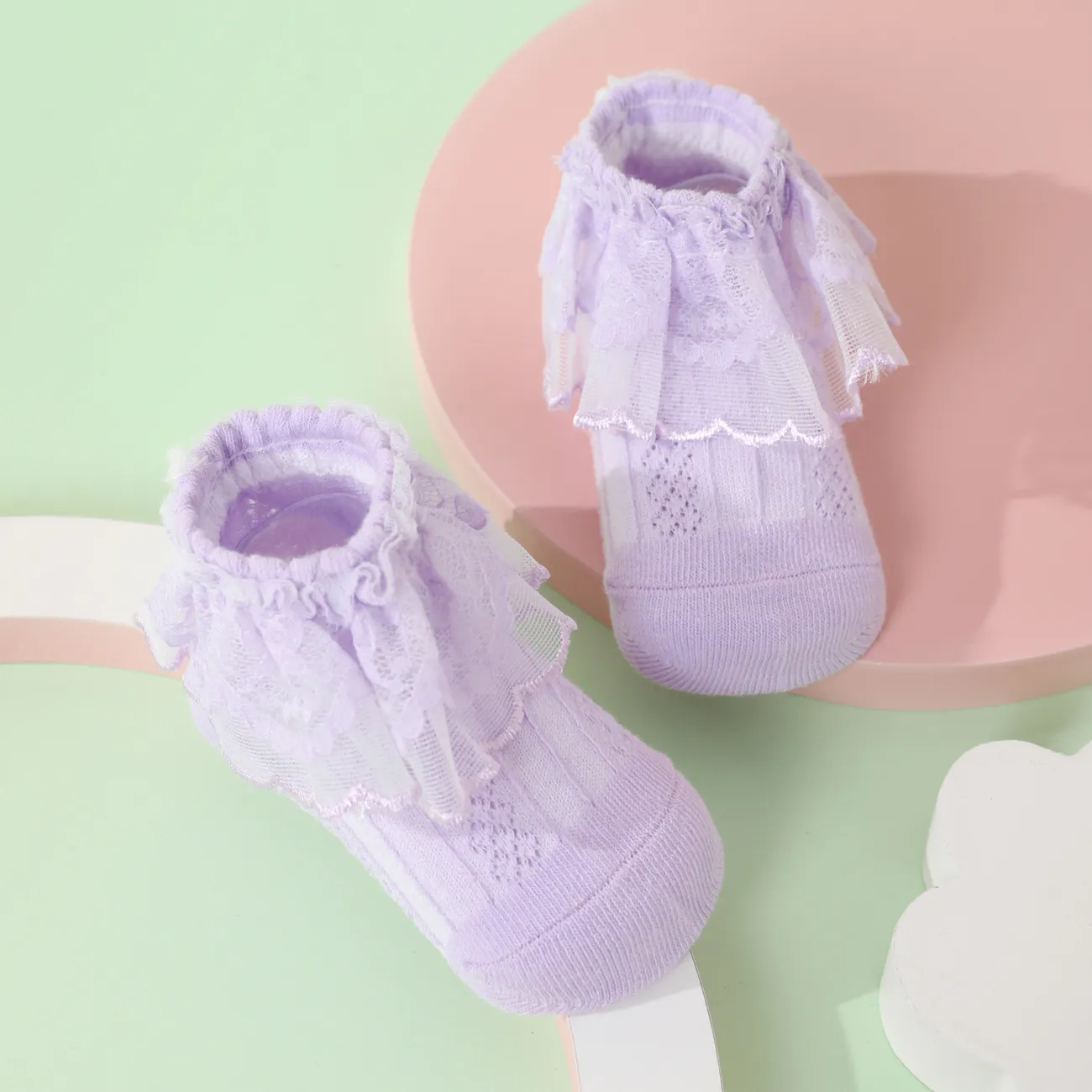 Calcetines de princesa con ribete de encaje de malla para bebé/niño pequeño/niño Violeta claro big image 1