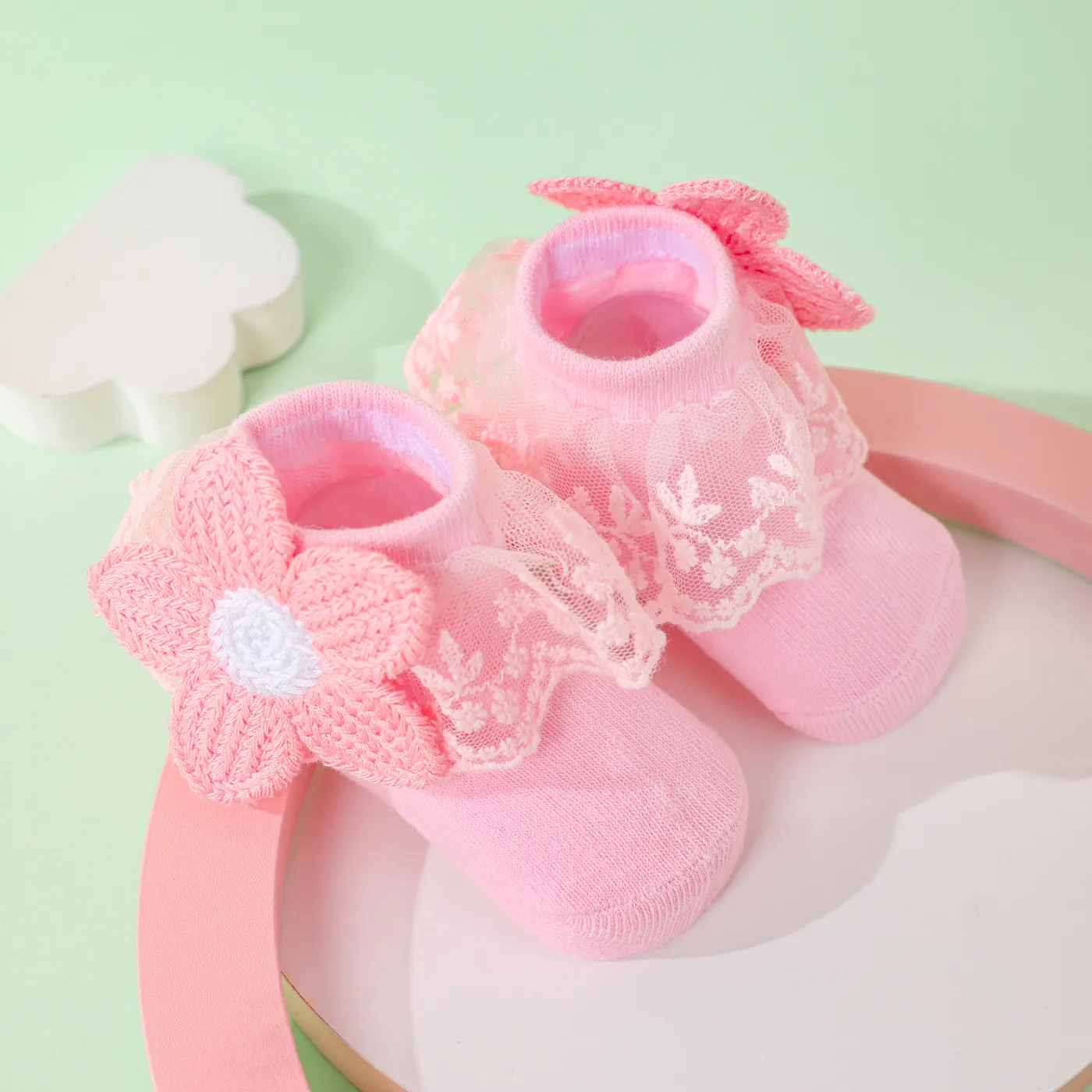bebê/criança meias de princesa com acabamento de renda floral Rosa