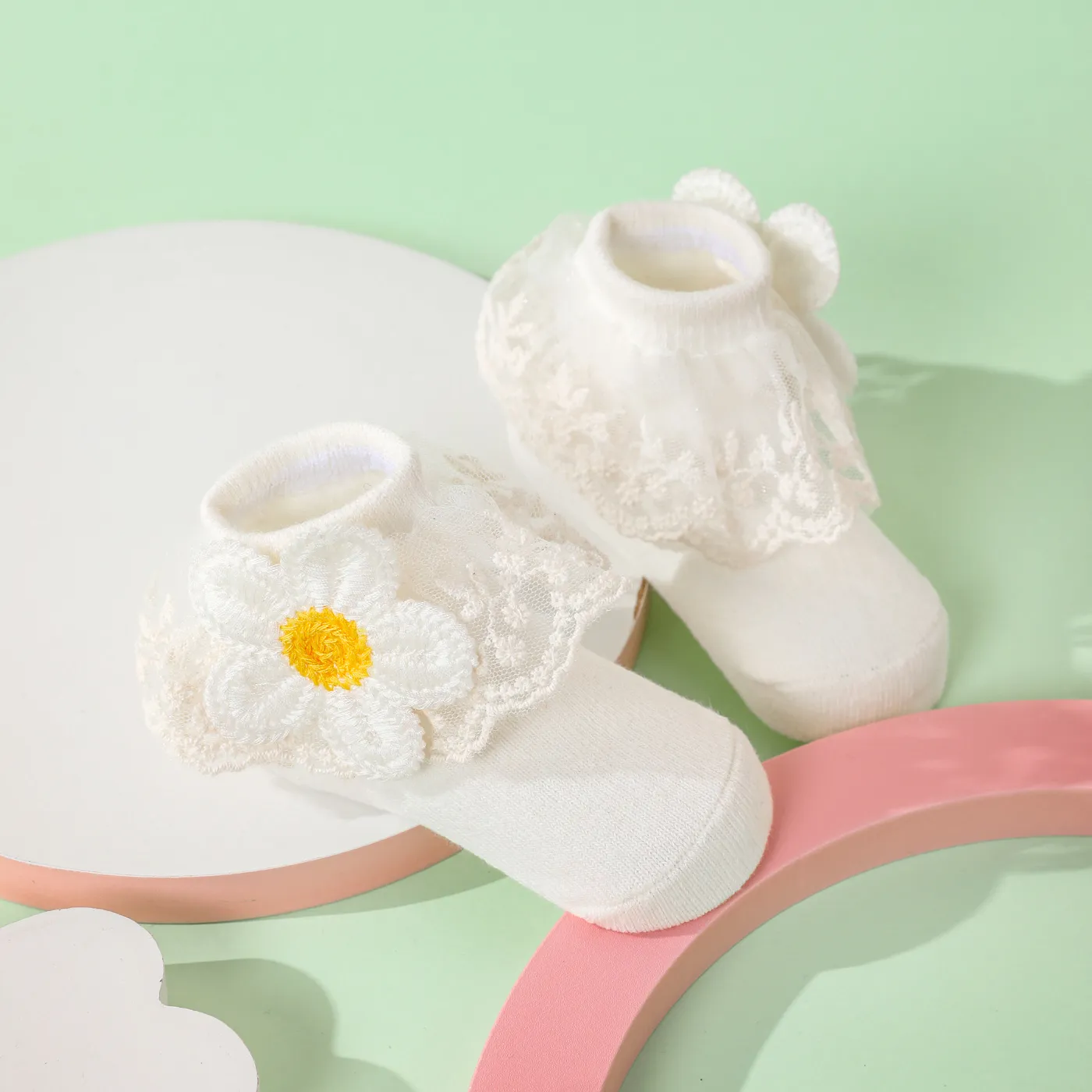 bebê/criança meias de princesa com acabamento de renda floral Branco big image 1