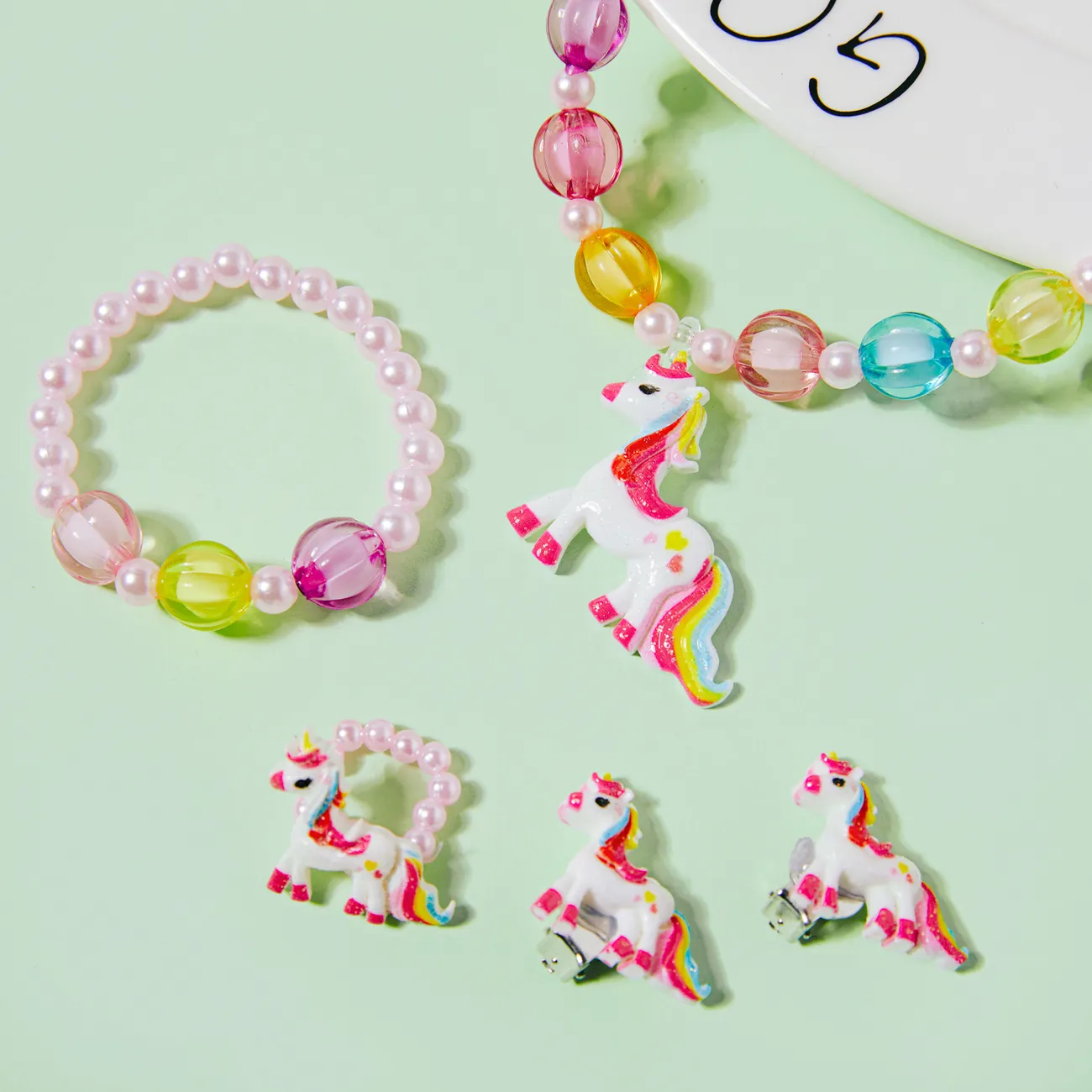 5er-Pack Kleinkind-Cartoon-Einhorn-Anhänger Perlenkette Ring Ohrmanschette und Perlenarmband Schmuck-Set für Mädchen rosa big image 1