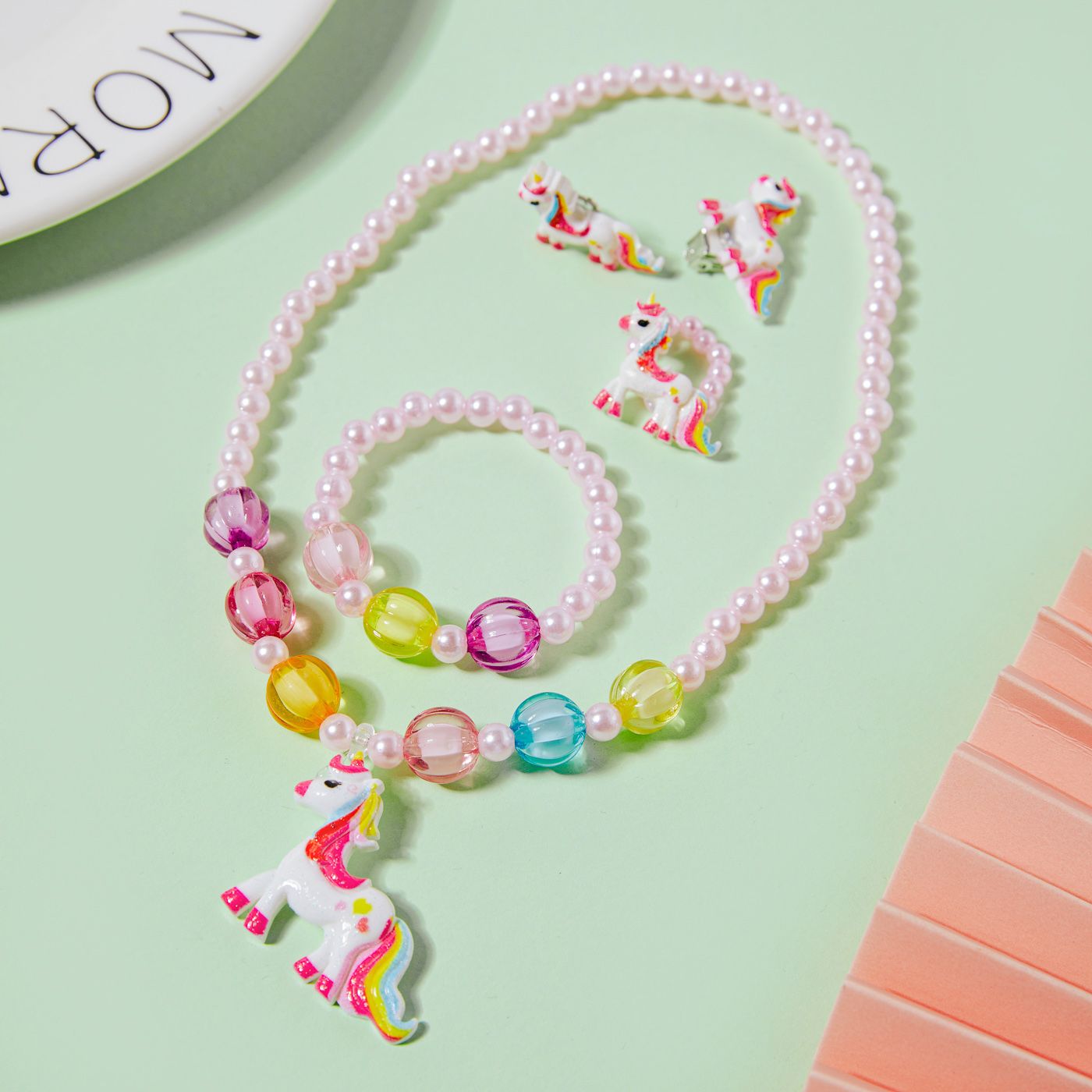 5-pack Toddler Cartoon Unicorn Pendant Beaded Necklace Ring Ear Cuff and Beaded Bracelet Jewelry Set