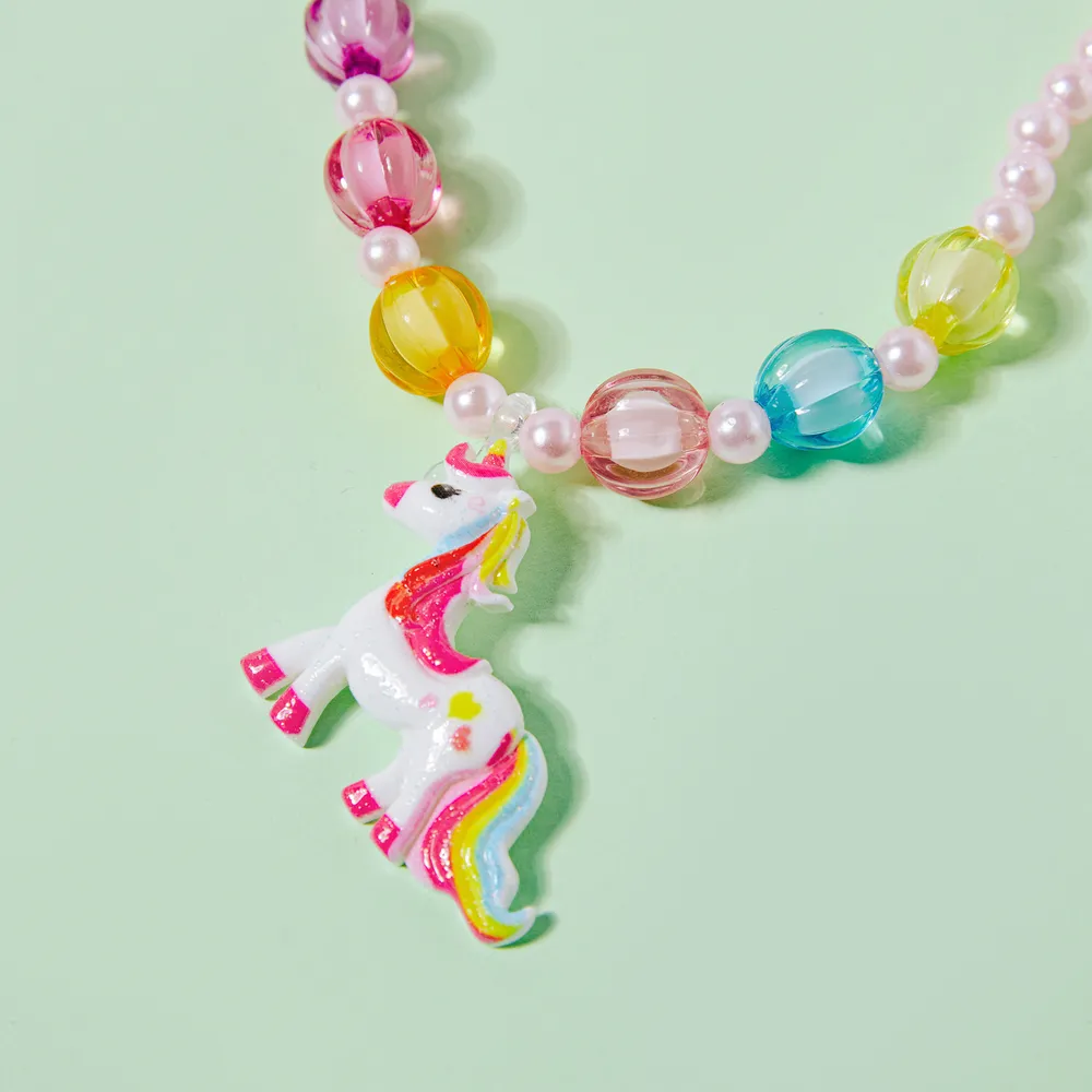 5-pack Toddler Cartoon Unicorn Pendant Beaded Necklace Ring Ear Cuff and Beaded Bracelet Jewelry Set for Girls big image 5