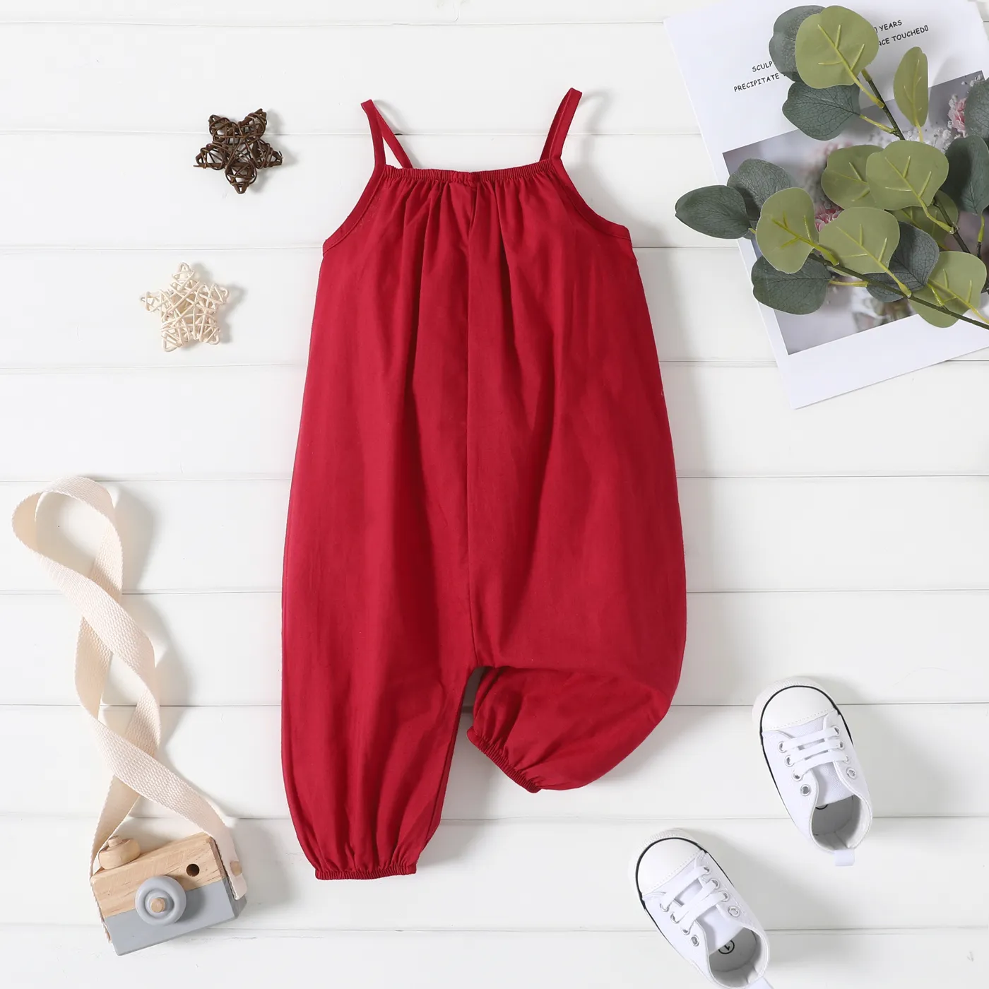 100% Cotton Baby Girl Loose-fit Solid Sleeveless Spaghetti Strap Harem Pants Overalls Burgundy