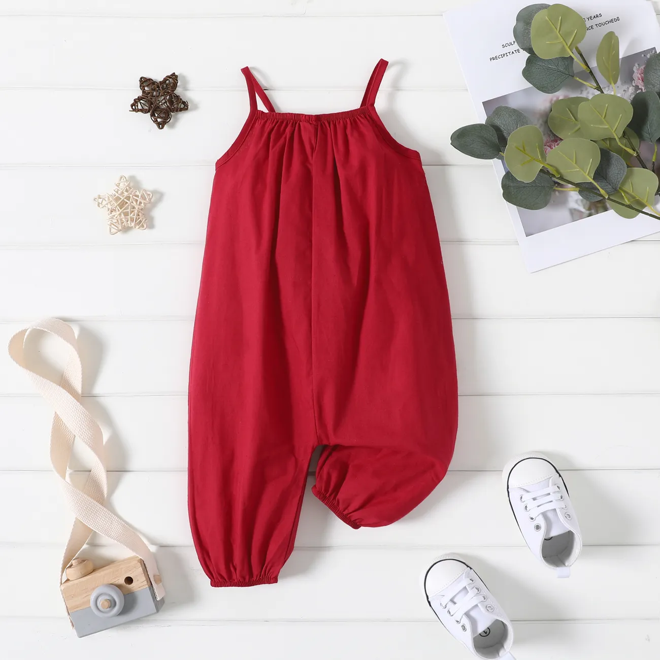 100% Cotton Baby Girl Loose-fit Solid Sleeveless Spaghetti Strap Harem Pants Overalls  big image 1