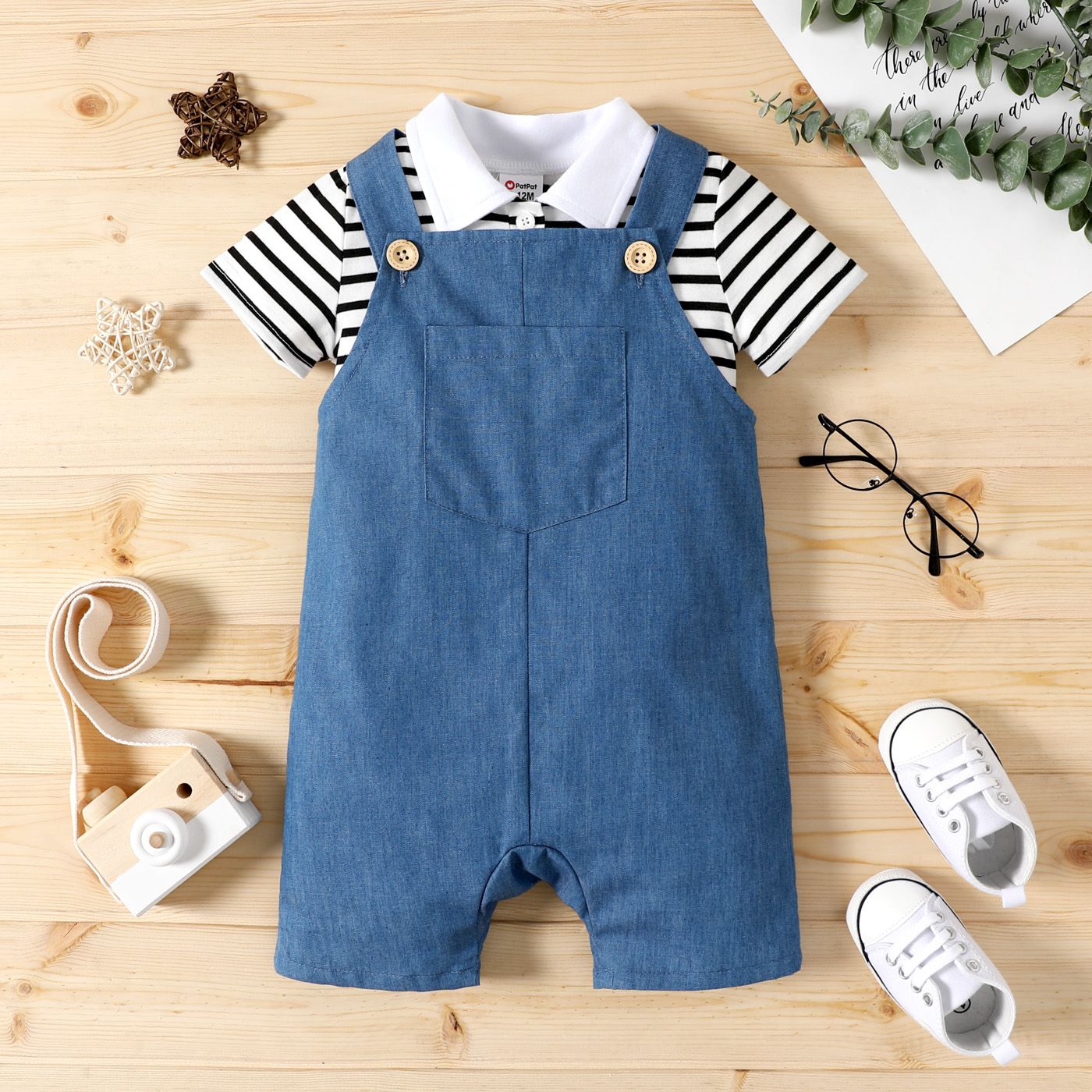 

2pcs Baby Boy Contrast Collar Short-sleeve Striped Romper and Imitation Denim Overall Shorts Set