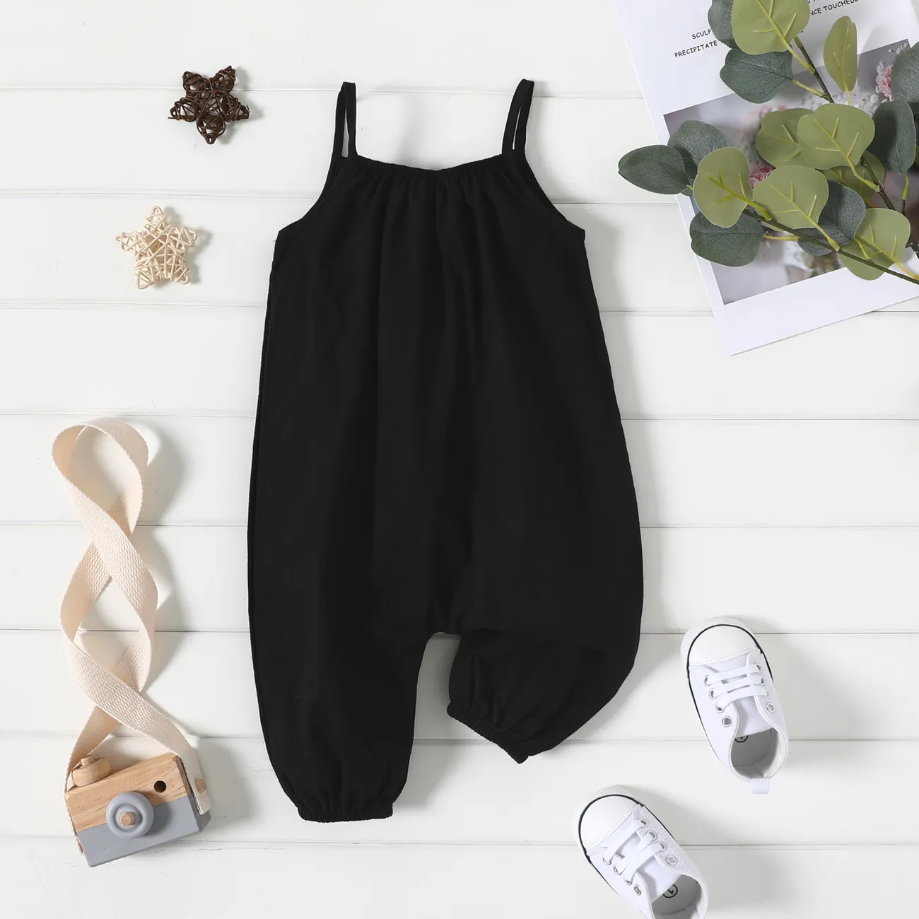 100% Cotton Baby Girl Loose-fit Solid Sleeveless Spaghetti Strap Harem Pants Overalls  big image 1