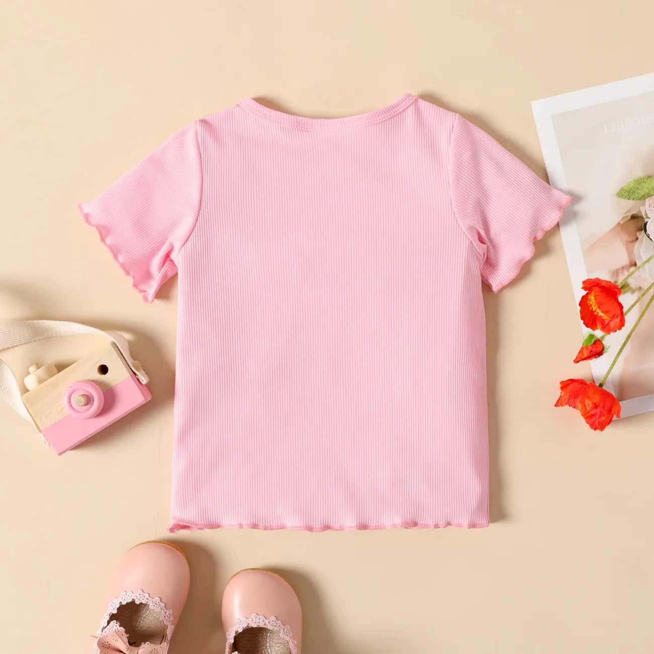 Toddler Girl Letter Embroidered Ribbed Lettuce Trim Short-sleeve Tee Pink big image 1