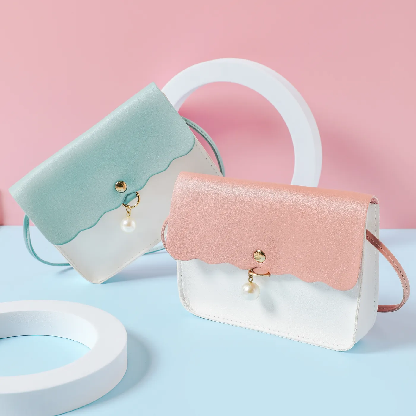 Kids Pearl Pendant Decor Two Tone Shoulder Messenger Bag
