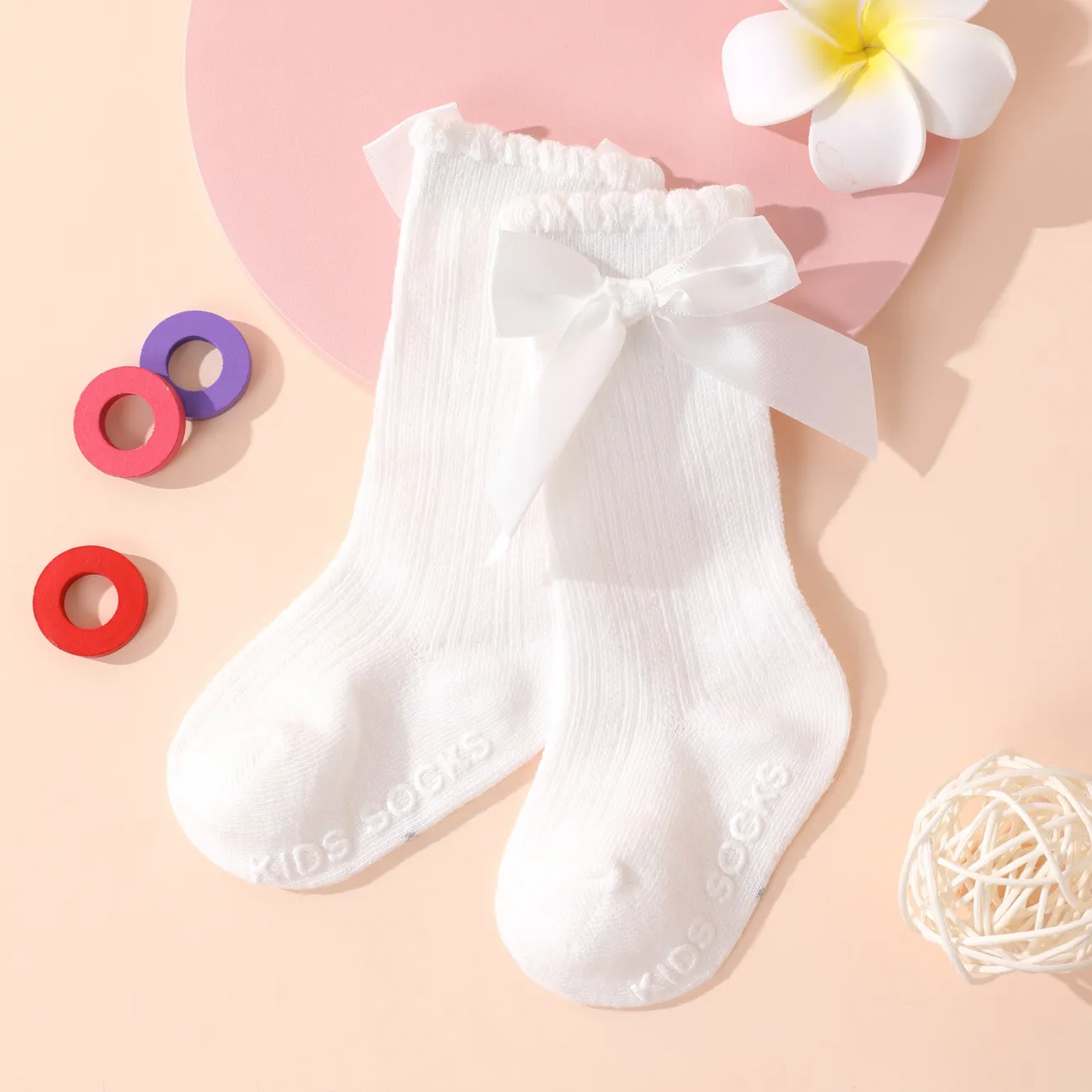 Baby / Toddler Bow Ruched Trim Antiskid Glue Tube Socks White big image 1