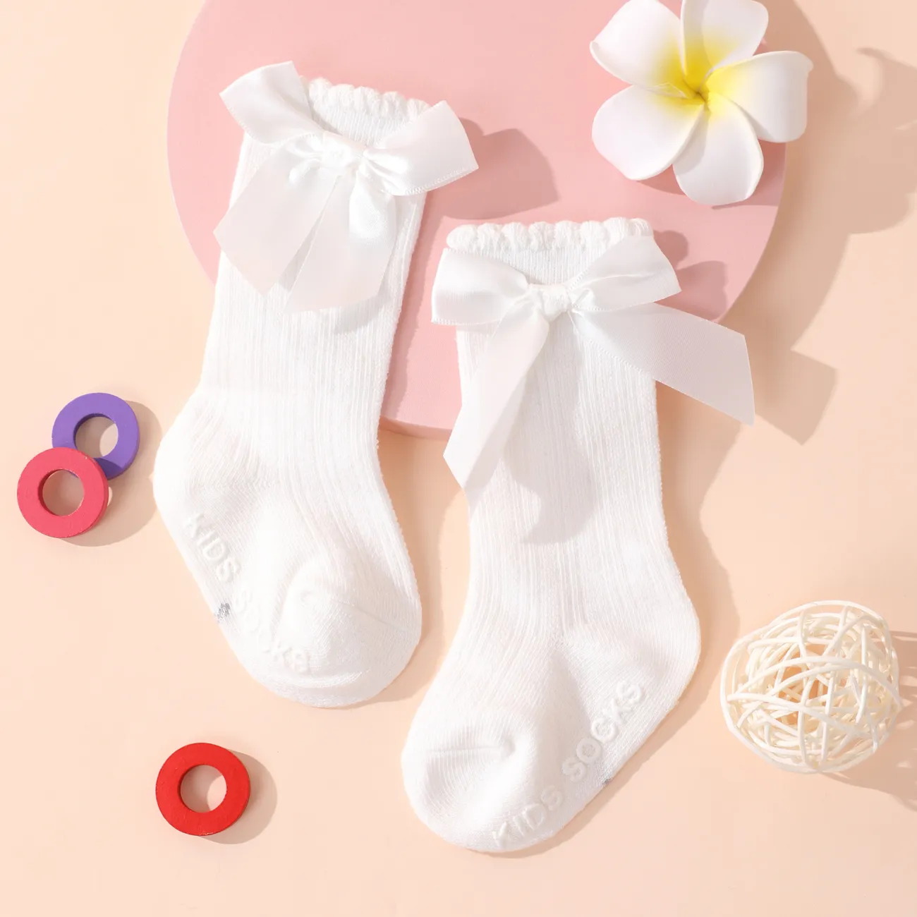 Calcetines de tubo de pegamento antideslizante con ribete fruncido y lazo para bebé/niño pequeño Blanco big image 1