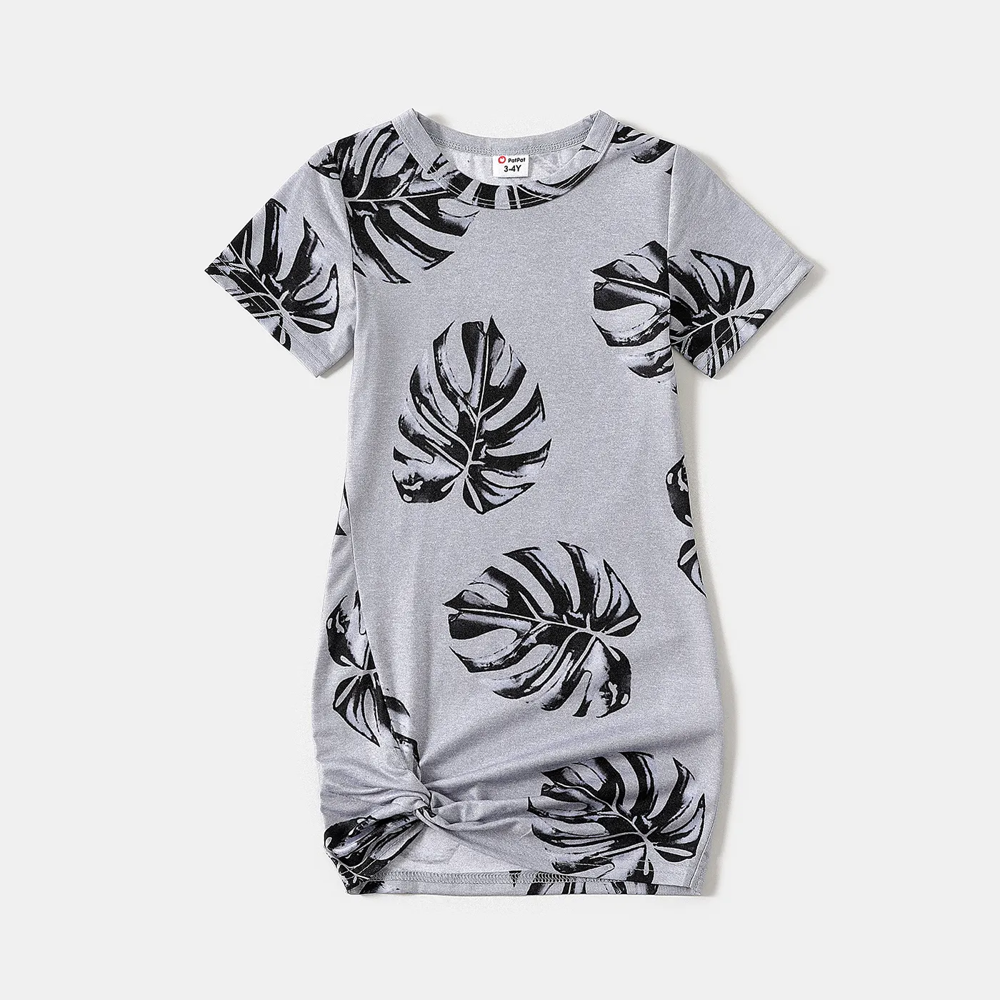 Allover Palm Leaf Print Grey Short-sleeve Twist Knot Bodycon Dress for Mom and Me MiddleAsh image 5