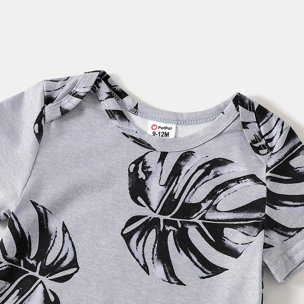 Allover Palm Leaf Print Grey Short-sleeve Twist Knot Bodycon Dress for Mom and Me MiddleAsh image 3