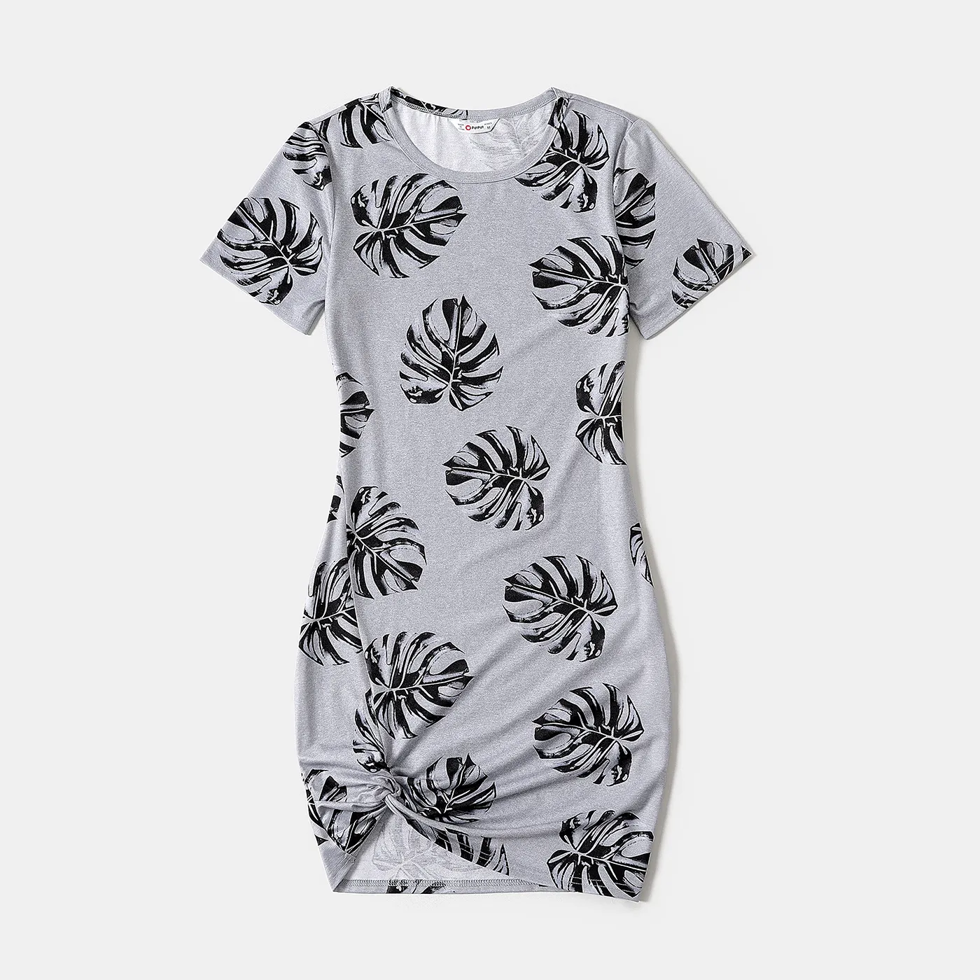 Allover Palm Leaf Print Grey Short-sleeve Twist Knot Bodycon Dress For Mom And Me