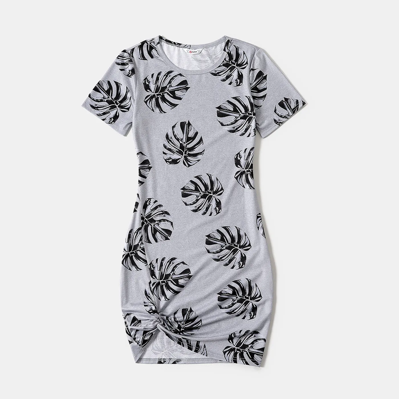 Allover Palm Leaf Print Grey Short-sleeve Twist Knot Bodycon Dress for Mom and Me MiddleAsh image 6