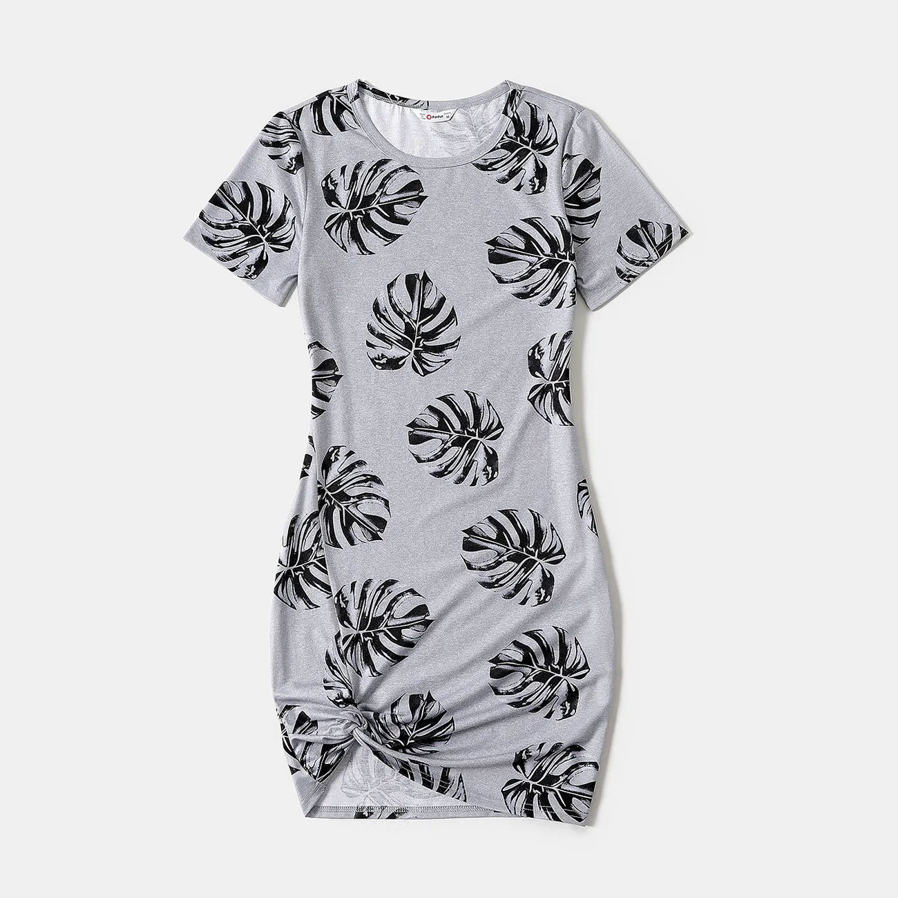 Allover Palm Leaf Print Grey Short-sleeve Twist Knot Bodycon Dress for Mom and Me MiddleAsh big image 1