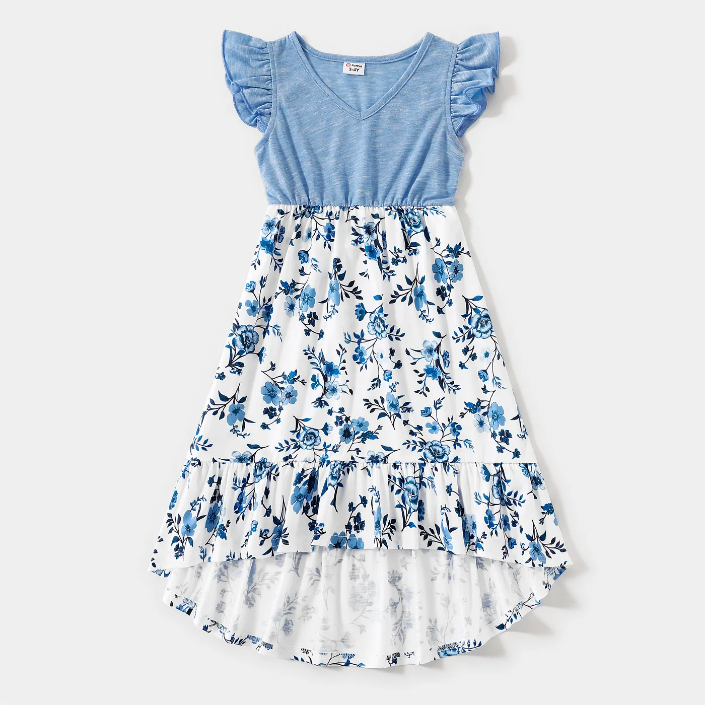 Family Matching Light Blue V Neck Flutter-sleeve Splicing Floral Print Irregular Hem Dresses and Striped T-shirts Sets  big image 12