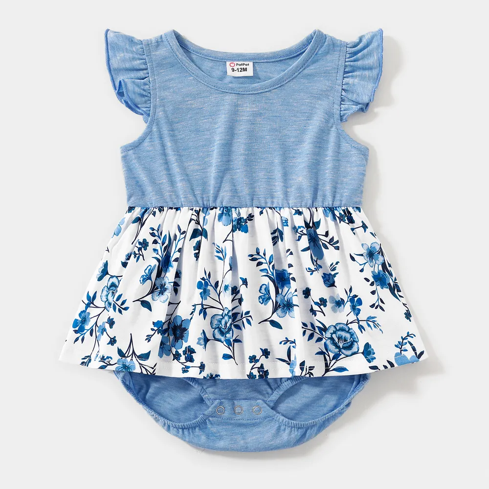 Family Matching Light Blue V Neck Flutter-sleeve Splicing Floral Print Irregular Hem Dresses and Striped T-shirts Sets  big image 1
