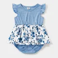 Family Matching Light Blue V Neck Flutter-sleeve Splicing Floral Print Irregular Hem Dresses and Striped T-shirts Sets  image 1