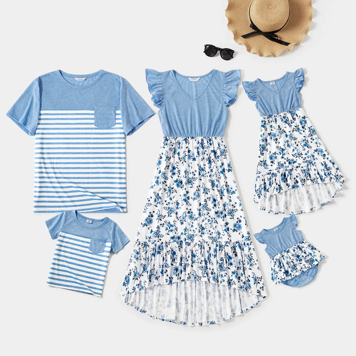 Family Matching Light Blue V Neck Flutter-sleeve Splicing Floral Print Irregular Hem Dresses and Striped T-shirts Sets  image 2
