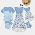 Family Matching Light Blue V Neck Flutter-sleeve Splicing Floral Print Irregular Hem Dresses and Striped T-shirts Sets  image 2