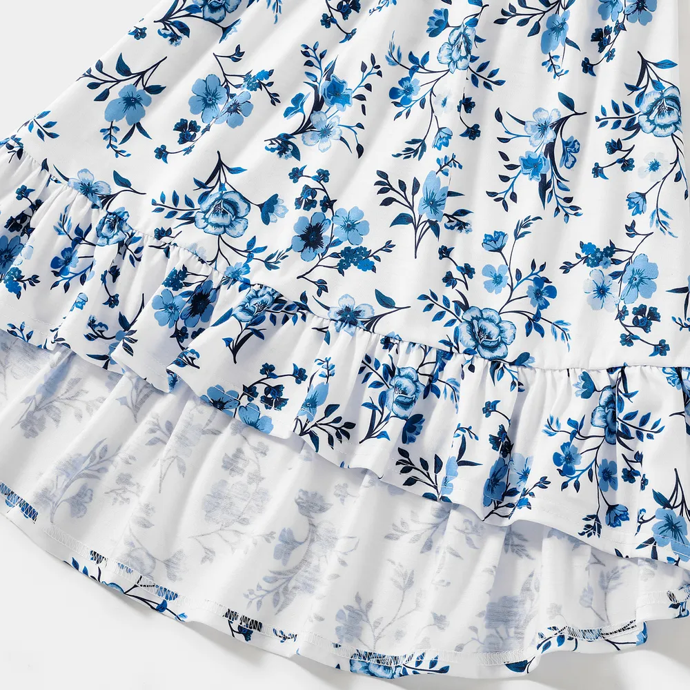 Family Matching Light Blue V Neck Flutter-sleeve Splicing Floral Print Irregular Hem Dresses and Striped T-shirts Sets  big image 14