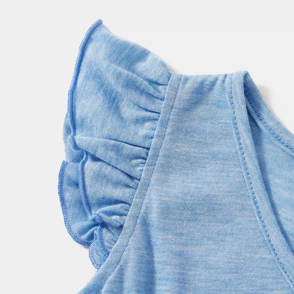 Family Matching Light Blue V Neck Flutter-sleeve Splicing Floral Print Irregular Hem Dresses and Striped T-shirts Sets big image 13