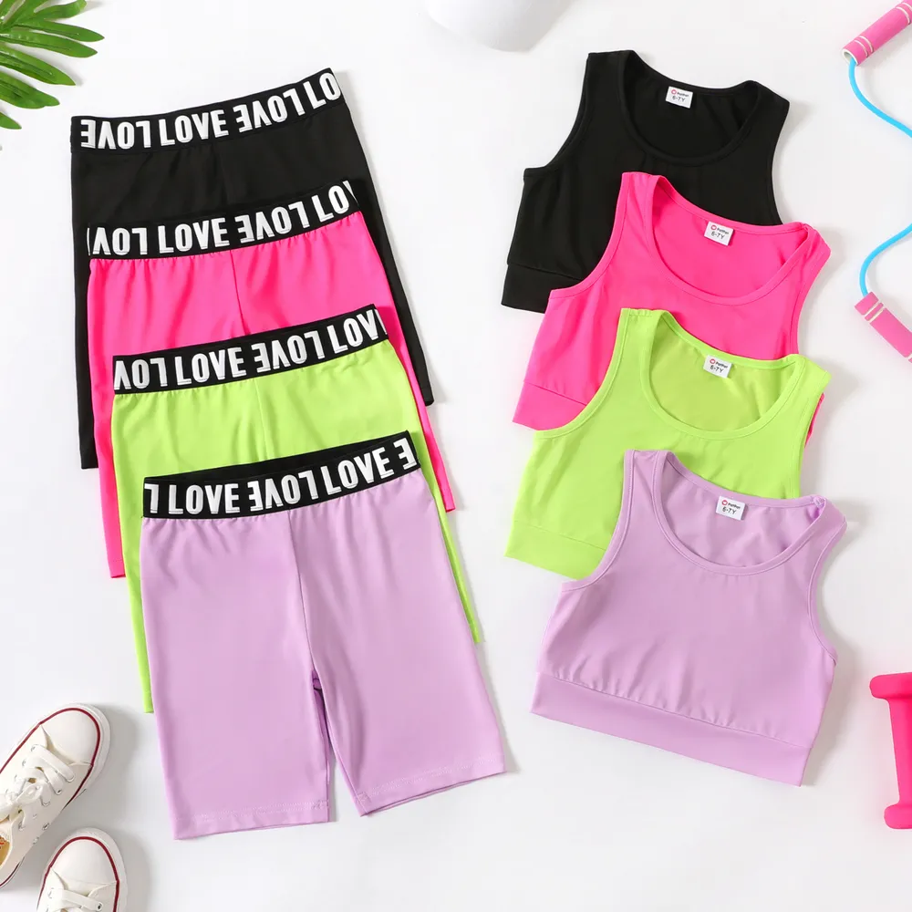 2pcs Kid Girl Solid Color Tank Top and Letter Print Shorts Sporty Set  big image 2