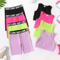 2pcs Kid Girl Solid Color Tank Top and Letter Print Shorts Sporty Set  image 2