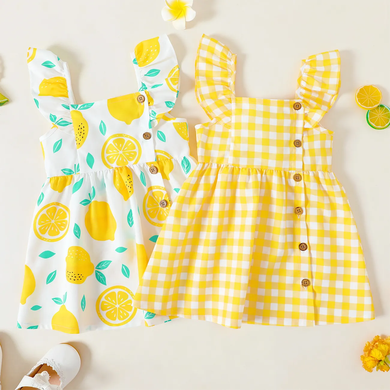 Toddler Girl Button Design Lemon Print/Plaid Flutter-sleeve Dress White big image 1
