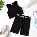 2pcs Kid Girl Solid Color Tank Top and Letter Print Shorts Sporty Set  image 1