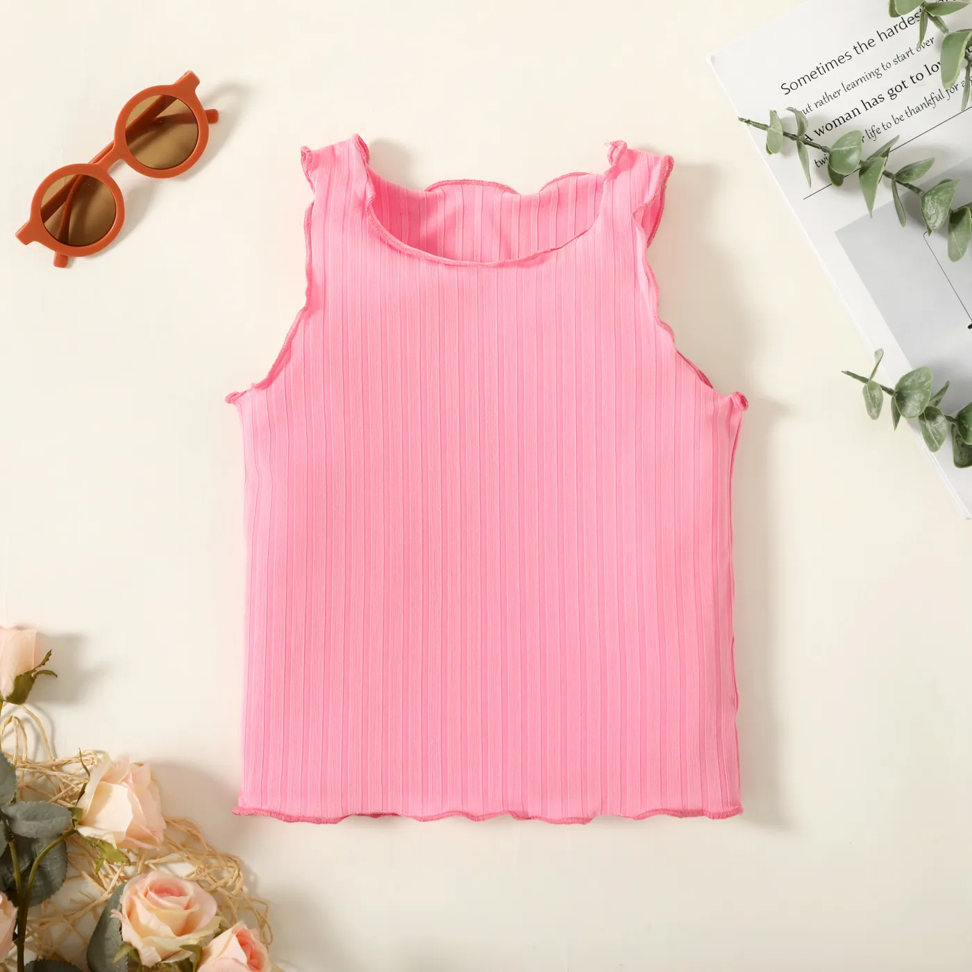 Toddler Girl Solid Color Lettuce Trim Tank Top Pink big image 1