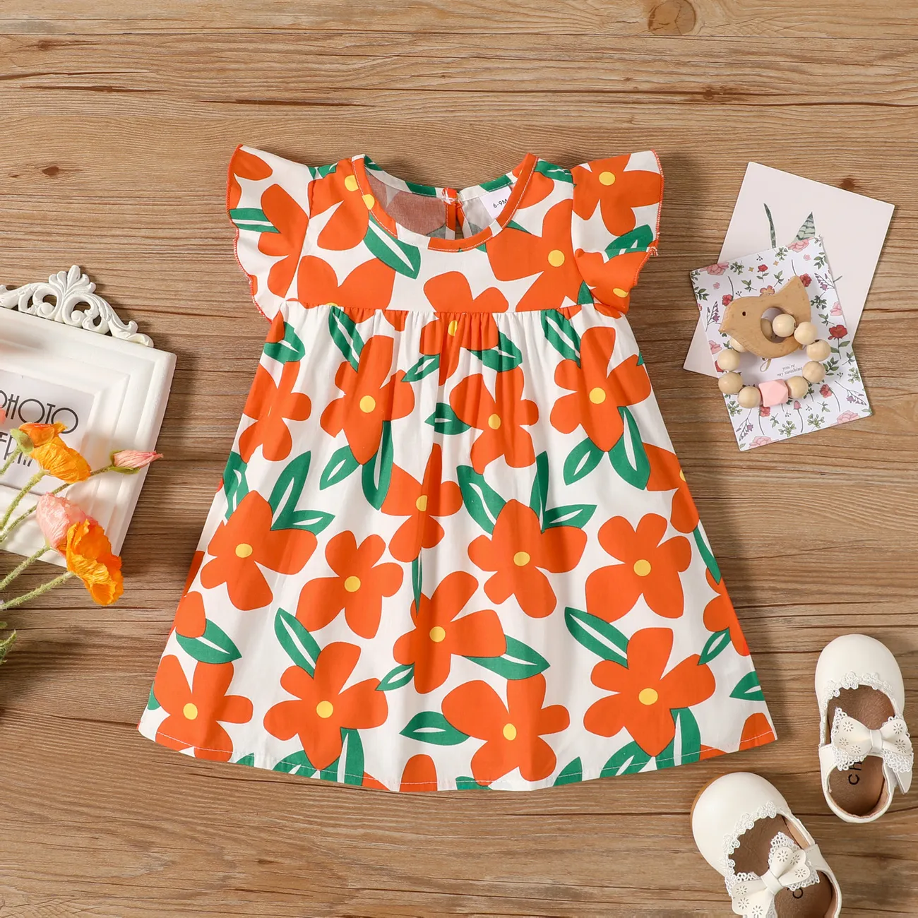 100% Cotton Baby Girl All Over Floral Print Flutter-sleeve Loose-fit Dress  big image 1