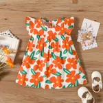 100% Cotton Baby Girl All Over Floral Print Flutter-sleeve Loose-fit Dress Orange