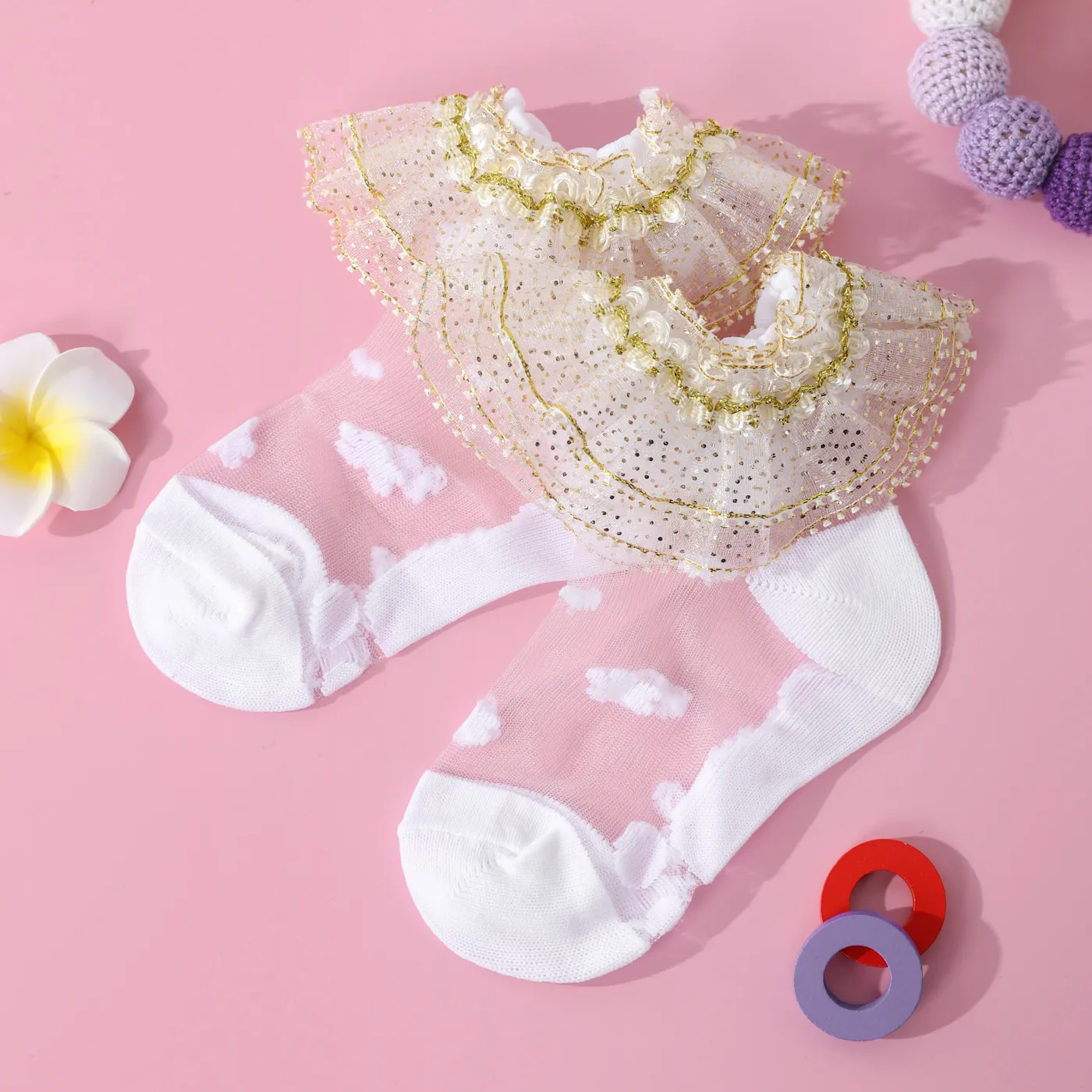 Baby / Toddler / Kid Gypsophila Lace Trim Socks (Random with or without golden dots) Gold image 2