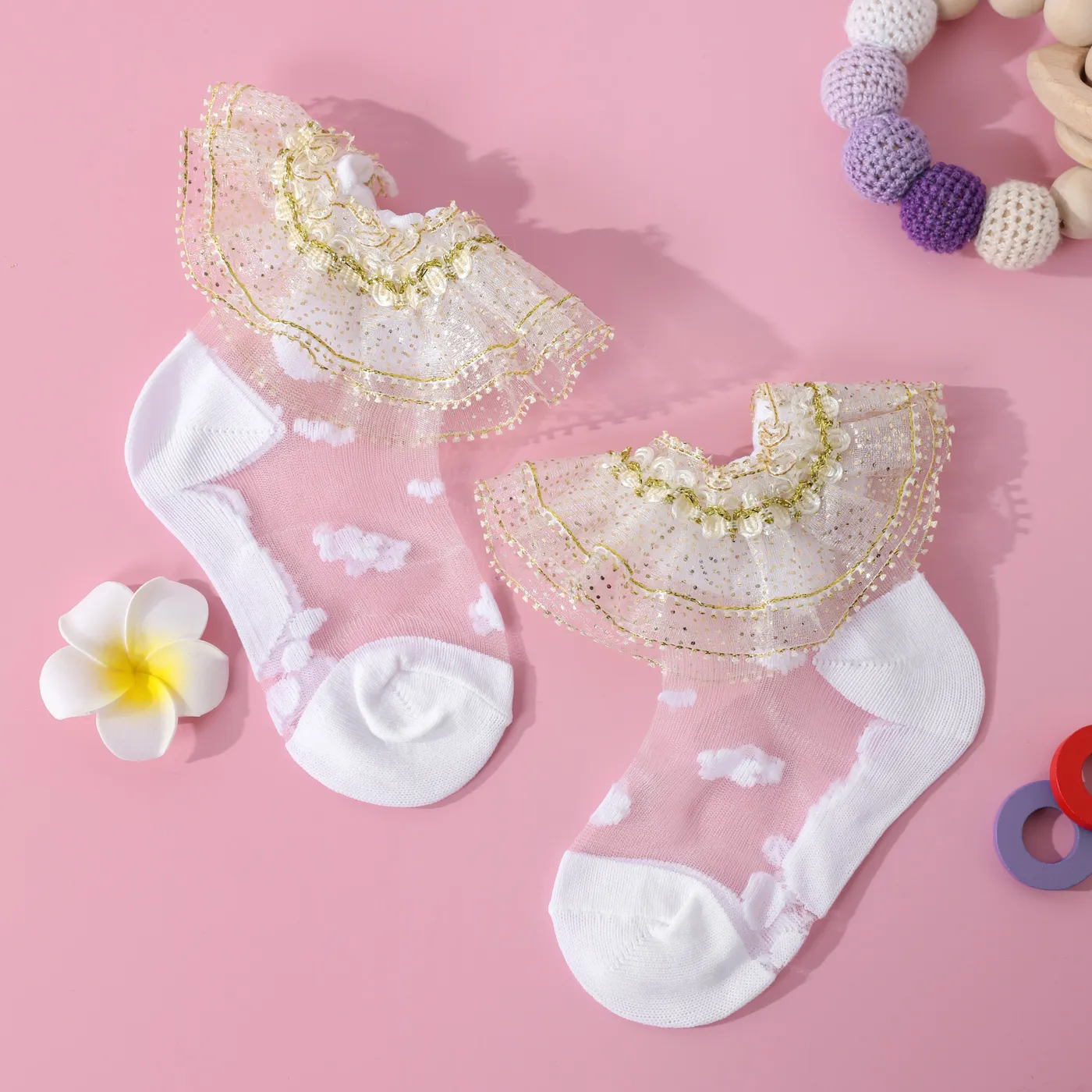 Baby / Toddler / Kid Gypsophila Lace Trim Socks (Random with or without golden dots) Gold image 3